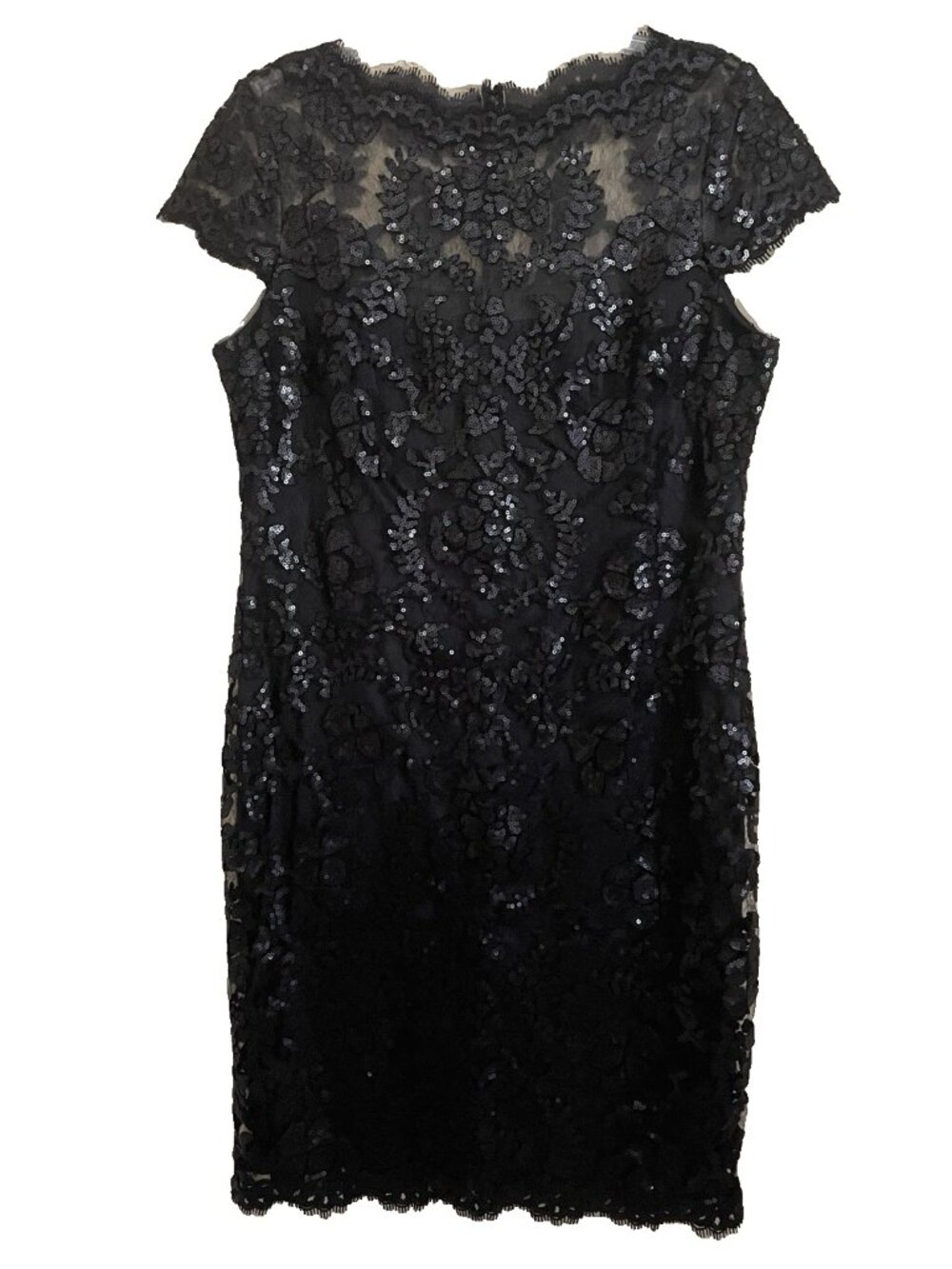 Tadashi Shoji Illusion Yoke Lace Sheath Dress 16 Cap Sleeves Sequins Beaded